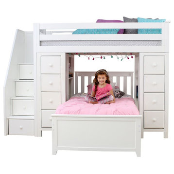 Chelsea Twin Twin L Shaped Storage Loft Bed with Stairs, White