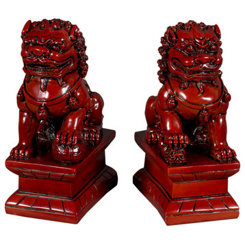 Distressed Red Resin Chinese Foo Dog Statue Set