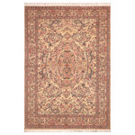 Bareens Designer Rugs - Tamour Pak Persian Mellie Beige/Pink Wool Rug - 6'1'' x 9'6'' - Designed with mesmerizing intricacy and gorgeous color palette, this hand-knotted masterpiece demonstrates the beauty and electrifying thrill of Pak Persian art. These meticulously hand-knotted Pak-Persian rug is made with pure wool and features breathtaking traditional, transitional, and tribal designs in bold luxurious color pallets. Known for their intricate designs these rugs are a reproduction of Persian rugs, made in Pakistan with unique Mughal designs. Made by master weavers using the same Persian texture, design and dying technique, we wanted to produce the most significant manifestation of Persian art, life, and culture. This rug is most famous for its exceptional quality, incredible designs, patterns, and vibrant rich color. Pak-Persian rugs made with Persian weave with high knot counts, which enables the high intricacy and detail found in the patterns are also referred to as "State of art", each color adds a rich beautiful detail in the artwork of this rug. The design, color, and beautiful chromatic composition with a vibrant sheen with intricate designs, exude beauty, elegance, and quality make this rug a masterpiece of its own.
