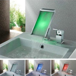 Contemporary Color Changing LED Waterfall Widespread Bathroom Sink Faucet - T800 - Bathroom Sink Faucets