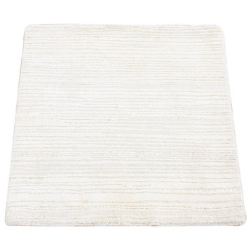 Ivory Modern Stripe Design Hand Loomed Silk With Textured Wool Rug, 2'1"x2'1"