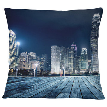Blue Hong Kong City Skyline Cityscape Throw Pillow, 16"x16"