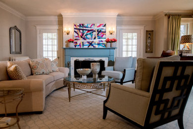 Mid-sized dark wood floor and brown floor living room photo in Boston with beige walls, a wood stove and a wood fireplace surround