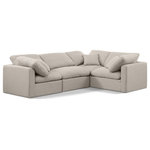 Meridian Furniture - Indulge Upholstered Modular L-Shaped Sectional, Beige, 4-Piece: 1 Armless Chair, 3 Corner Chair, Down Stuffed Linen Textured Fabric - Unwind in tranquil elegance with the Indulge Linen Sectional. Imagine sinking into the plush embrace of this lush sectional, crafted from rich, textured beige linen that feels soft and inviting against your skin. Overstuffed down feather cushions cradle you in cloud-like comfort, while the solid wood frame provides unwavering support. This modular masterpiece isn't just furniture - it's a blank canvas for creating your dream living space. Arrange the versatile pieces in countless configurations, from a sprawling entertainment zone for movie nights to intimate reading nooks for quiet moments. Indulge in the ultimate comfort, endless possibilities, and timeless elegance.