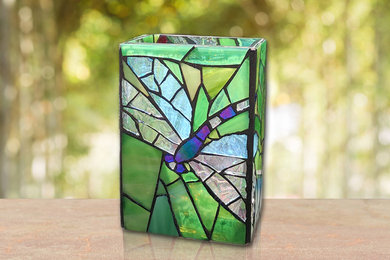 Green Glass Mosaic Dragonfly Candle Holder / Vase