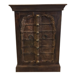 Mogul Interior - Consigned Antique Mehrab Patina Doors Side Chest, Nightstands, carved End Tables - Nightstands And Bedside Tables