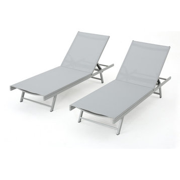 GDF Studio Allen Outdoor Gry Mesh Chaise Lounge With Aluminum Frame, Grey/Dark Grey, Set of 2