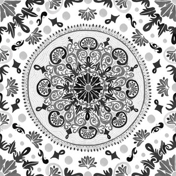 Sundial Wallcovering, Black & White, Sample, Traditional