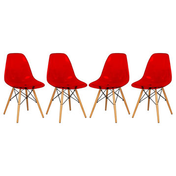 Dover Molded Dinin Side Chair, Wood Dowel Eiffel Base, Set of 4, Transparent Red