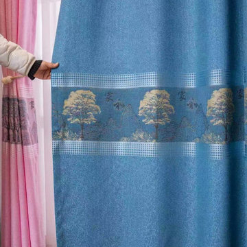 Jacquard Chenille Custom Made Curtains Pretty Trees Navy Grey Pink