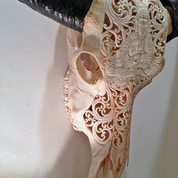 Hand Carved Skull - Water Buffalo, Buddha Design, White - Artwork