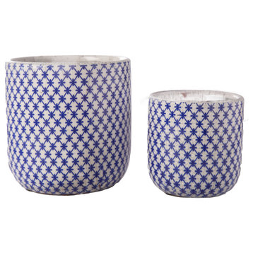 Round Ceramic Pot with Diamond Symmetric Design Gloss Blue Finish, Set of 2