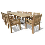 Windsor Teak Furniture - Grade A Teak 138" x 39" (11 1/2 ft Long) Double Extension Table w/12 Arm Chairs - The Buckingham 138" Double Leaf Teak Extension Table w/12 Majestic Windsor Arm Chairs comfortably seats 102 people when extended. The table is 86" when closed, 112" with one leaf open , and 138" with both leafs open...giving you 3 different size tables. The table is designed with built-in butterfly pop-up leafs that enables you to open or close the table in 15 seconds. The table also comes with cap covered umbrella hole and a built-in umbrella base. The Windsor chairs are one of our most comfortable and sturdy chairs. They have a generous 22" wide seat and are made of very thick teak. Place these majestic chairs around your dining table and spoil all your friends and family.  Some assembly. Shipped via truck.