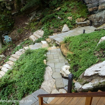 rustic shaded hillside patio steps