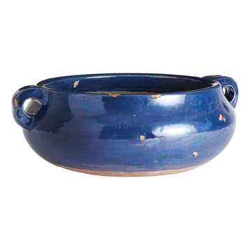 Rustic Iridescent Blue Decorative Bowl with Handles Terra Cotta Pottery Planter