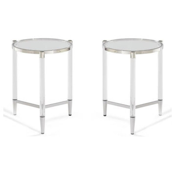 Home Square Round Glass Top End Table in Silver Finish - Set of 2