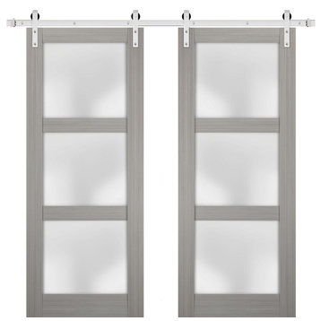 Double Barn Door 56 x 96 Frosted Glass, Lucia 2552 Grey Ash, Silver 13FT