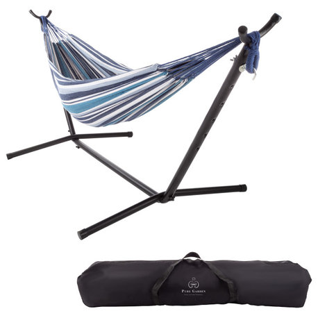 Double Brazilian Hammock, Stand, Carrying Bag, Blue