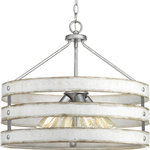 Progress Lighting - Gulliver 4-Light Pendant - Three circular bands wrap together to create an open design for Gulliver. Dual toned frame color combinations of Galvanized with antique white accents. A hand painted wood grained texture complements Rustic and Modern Farmhouse home decor, as well as Urban Industrial and Coastal interior settings. Uses (4) 75-watt medium bulbs (not included).
