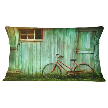 Old Bicycle Against Barn Landscape Photo Throw Pillow, 12"x20"