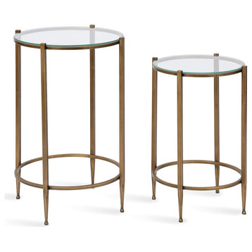 Set of 2 Contemporary Nesting End Table, Golden Metal Frame With Clear Glass Top