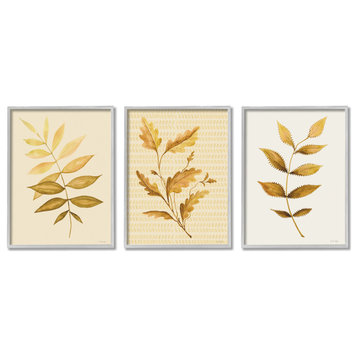 Vintage Golden Plant Leaves Natural Stripe Patterned Design , 3pc, each 11 x 14