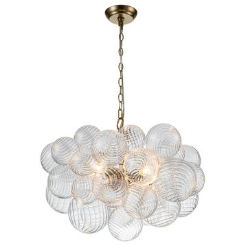 Contemporary Clear Ribbed Bubble Chandelier, Brass, 3 Lights