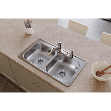 D233191 Dayton Stainless Steel 33" x 19" Double Bowl Drop-in Sink, 1 Hole