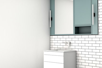 Mittelgroßes Modernes Duschbad mit flächenbündigen Schrankfronten, weißen Schränken, bodengleicher Dusche, Wandtoilette, weißen Fliesen, Metrofliesen, weißer Wandfarbe, Keramikboden, Wandwaschbecken, Mineralwerkstoff-Waschtisch, grauem Boden, offener Dusche, weißer Waschtischplatte, Einzelwaschbecken und schwebendem Waschtisch