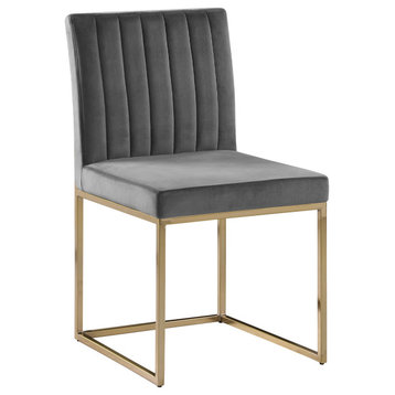 Julius Contemporary Channel Tufted Side Chair With Gold Legs, Set of 2, Grey