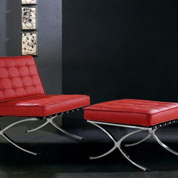 0364 MODERN RED LEATHER "X" LEG CHAIR AND OTTOMAN LOUNGE SET - Outdoor Chaise Lounges