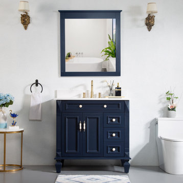 Bathroom Vanity Set with Quartz Top, cUPC Certified Sink, 36" Bath Vanity and 32" Mirror in Navy Blue