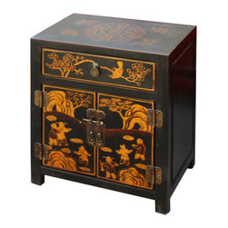 Oriental Black Lacquer Golden People Graphic End Table Nightstand - Side Tables And End Tables
