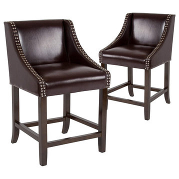 Set of 2 Counter Stool, Seat With Curved Arms and Nailhead, Brown Leathersoft