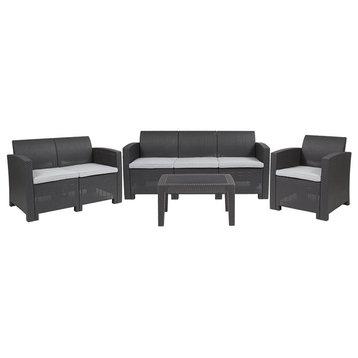 4-Piece Outdoor Faux Rattan Chair, Loveseat, Sofa and Table Set, Dark Gray