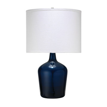 Plum Jar Table Lamp, Navy Blue Glass With Classic Drum Shade, White Linen