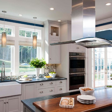 Desired White Kitchen w/ Gray Island & Pantry!