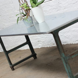 Saunders Zinc Topped Table with vintage metal workers workbench legs - Dining Tables
