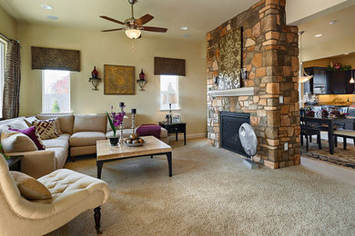 Large transitional formal open concept living room in Tampa with beige walls, carpet, a standard fireplace, a stone fireplace surround and no tv.