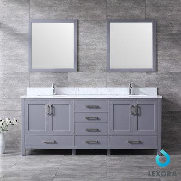 Jacques 80" Dark Grey Double Vanity, White Carrara Marble Top, Sinks,30" Mirrors