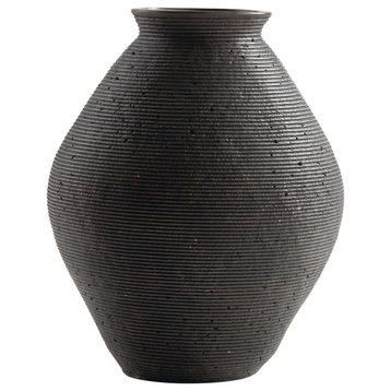 Benzara BM283062 Dale 12" Round Polyresin Vase, Wavy Ribbed Spiral, Brown