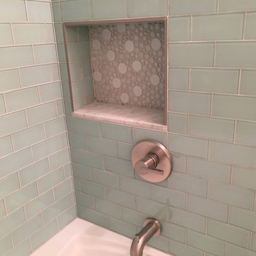 Bath with Seafoam Glass Subway Tiles and Bubbles!