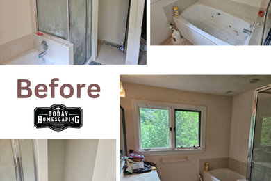 Mid-sized minimalist master ceramic tile, gray floor and double-sink bathroom photo in Philadelphia with beaded inset cabinets, white cabinets, a two-piece toilet, gray walls, an undermount sink, quartz countertops, white countertops, a niche and a freestanding vanity