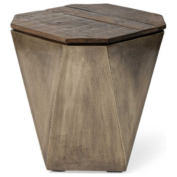 HomeRoots Brass and Natural Wood Side Table With Hexagonal Hinged-Top