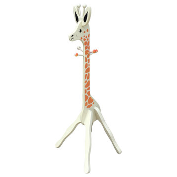 Pine 4' Child Size Giraffe Coat Rack, White With Orange Spots