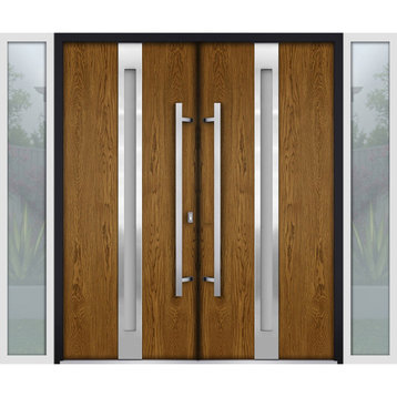 Exterior Prehung Metal Double Doors Deux 1744Oak Frosted GlassWhite Right