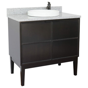 37" Single Vanity, Cappuccino Finish With Gray Granite Top And Round Sink