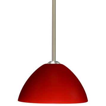 Tessa 1 Light 120V Stem Pendant, Satin Nickel, Red Matte Glass Shade, LED