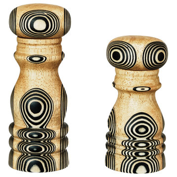 Wood Salt and Pepper Mills With Inlaid Circles Design, Natural and Black