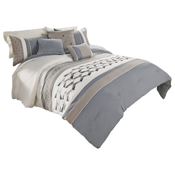 Benzara BM227298 7 Piece King Comforter Set, Geometric Design, Blue & Gray